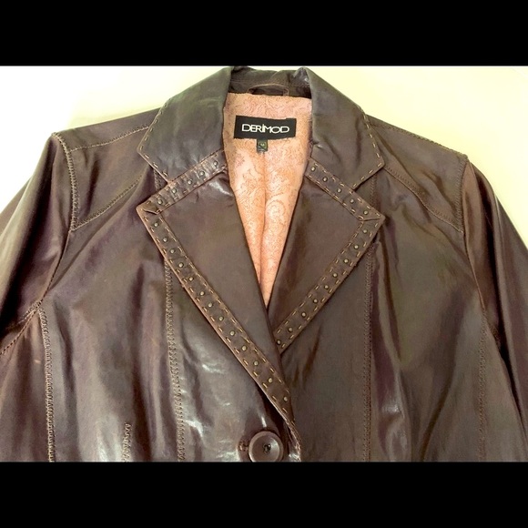 Derimod Brownish Burgundy Shiny Lamb Leather Blazer jacket metal Spikes US M - Picture 7 of 16